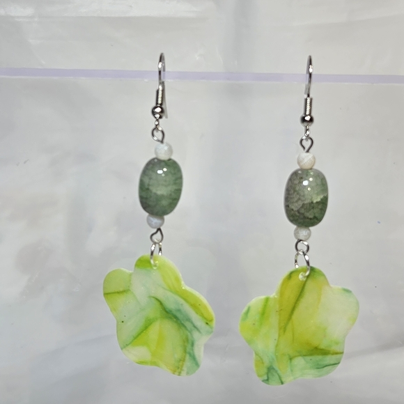 Erins Lovely Creations Jewelry - #B228- Elegant Handmade Green Floral Drop Earrings with Glass Beads